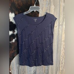 Ann Taylor Loft size XSP navy blue with bedazzled design on front Fair condition